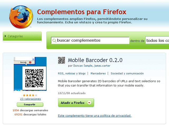 Mobile Barcoder. Códigos QR en FireFox